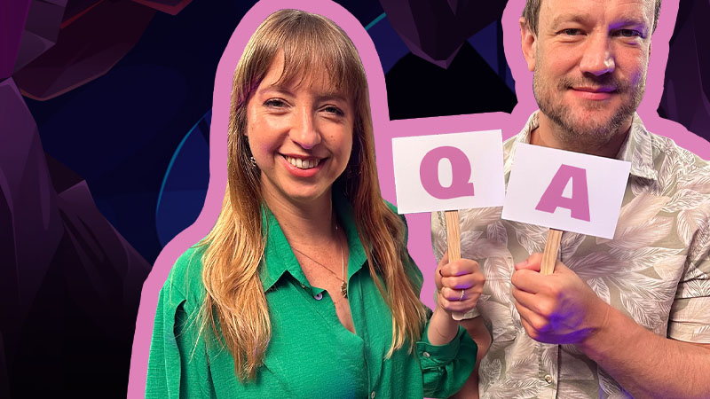 The Podcast Cave hosts holding Q and A signs for their first AMA episode on how to run a podcast