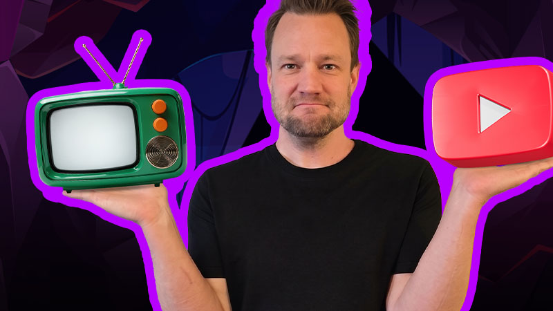 Richard from The Podcast Cave holding a TV and YouTube logo debating YouTube vs TV advertising spend